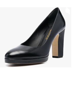 miss left Black Low Platform Chunky High Heel Slip On Round Toe Party Pump